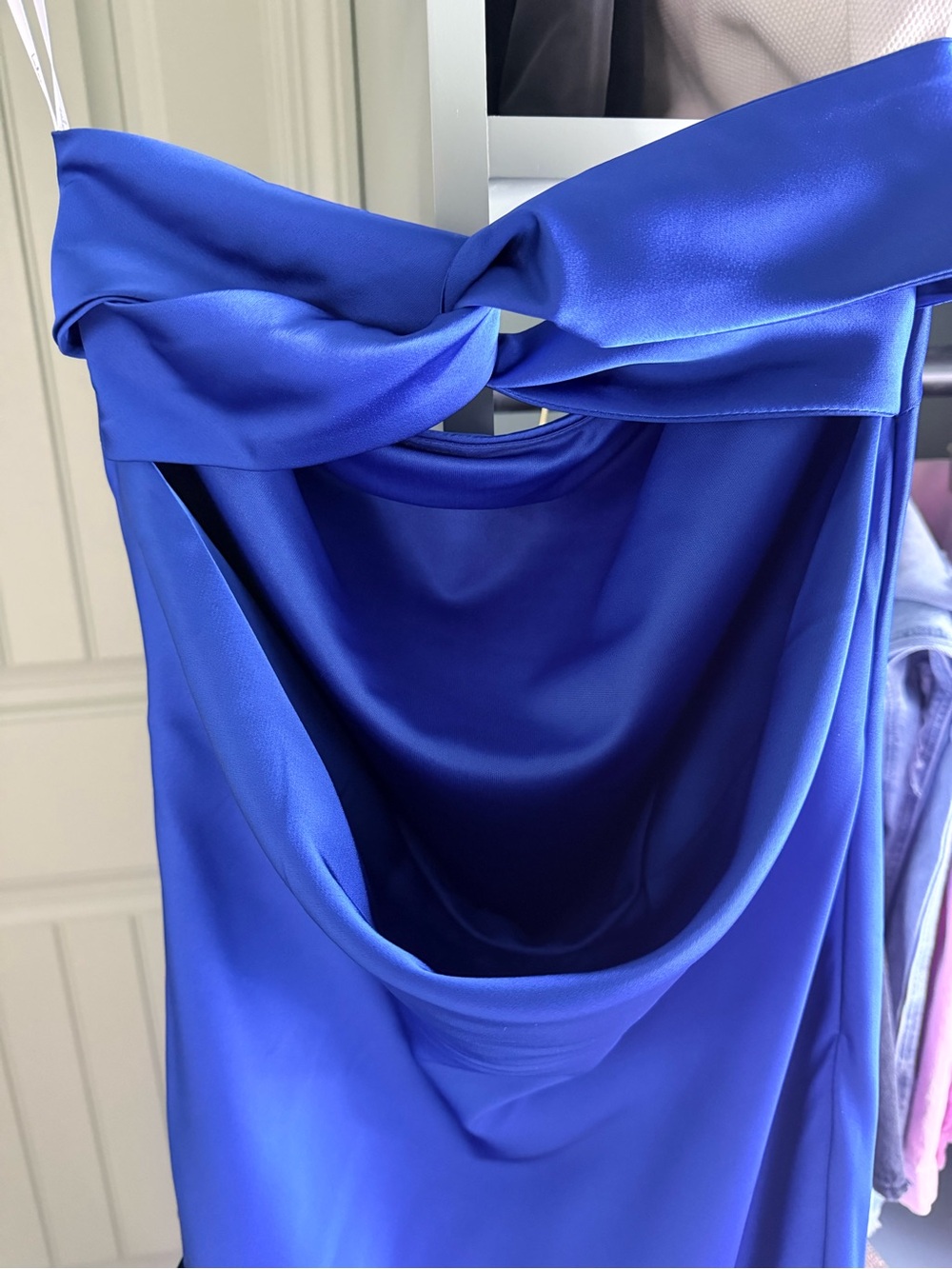 Lulus Effortless Bliss Royal Blue Satin Strapless Cowl Back Midi Dress - Picture 6 of 8